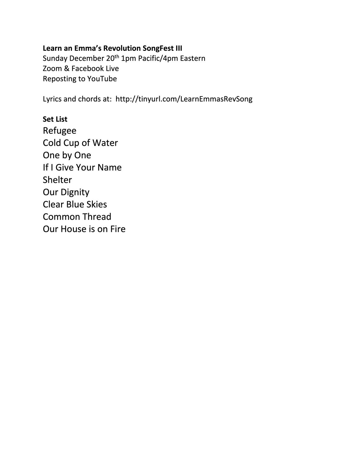 SongFest III - Set List