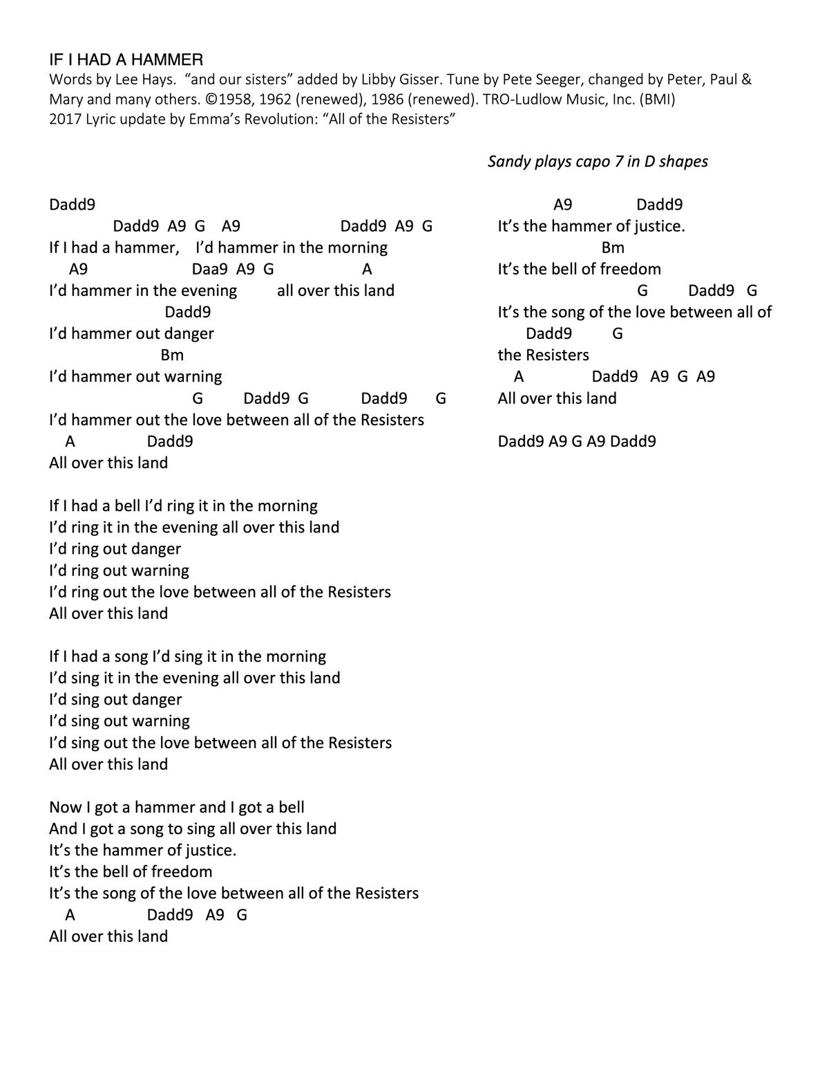 If I Had A Hammer (Resisters) - Lyrics with Chords as Sandy Plays Them