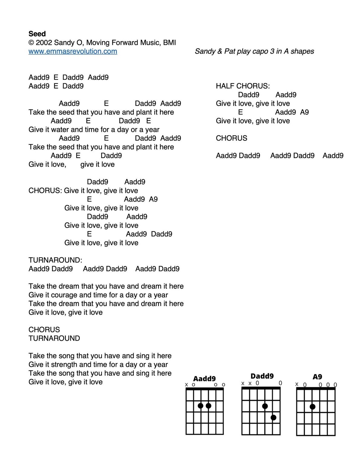 Seed - Lyrics with Chords as Sandy & Pat Play Them