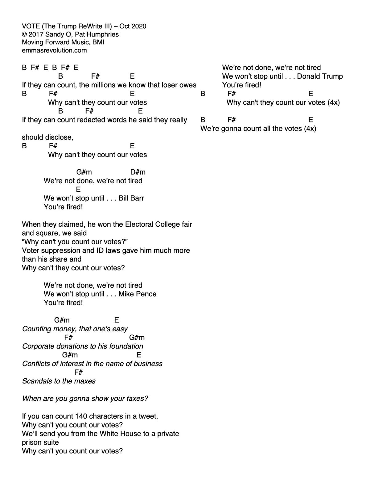 Vote (The Trump Rewrite III) - Oct 2020 - Lyrics with Chords in B