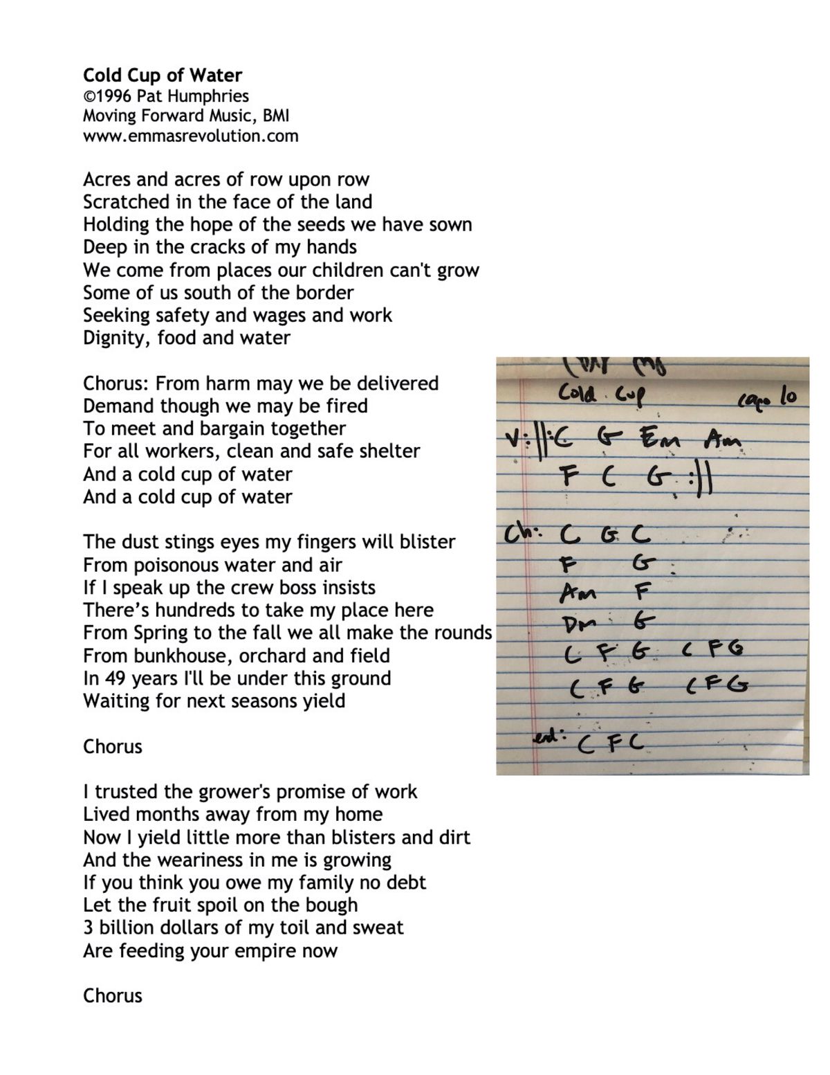 Cold Cup of Water - Lyrics with Chords as Sandy Plays Them