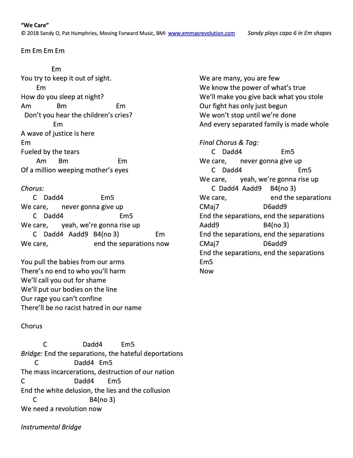 "We Care" - Lyrics & Chords as Sandy Plays Them