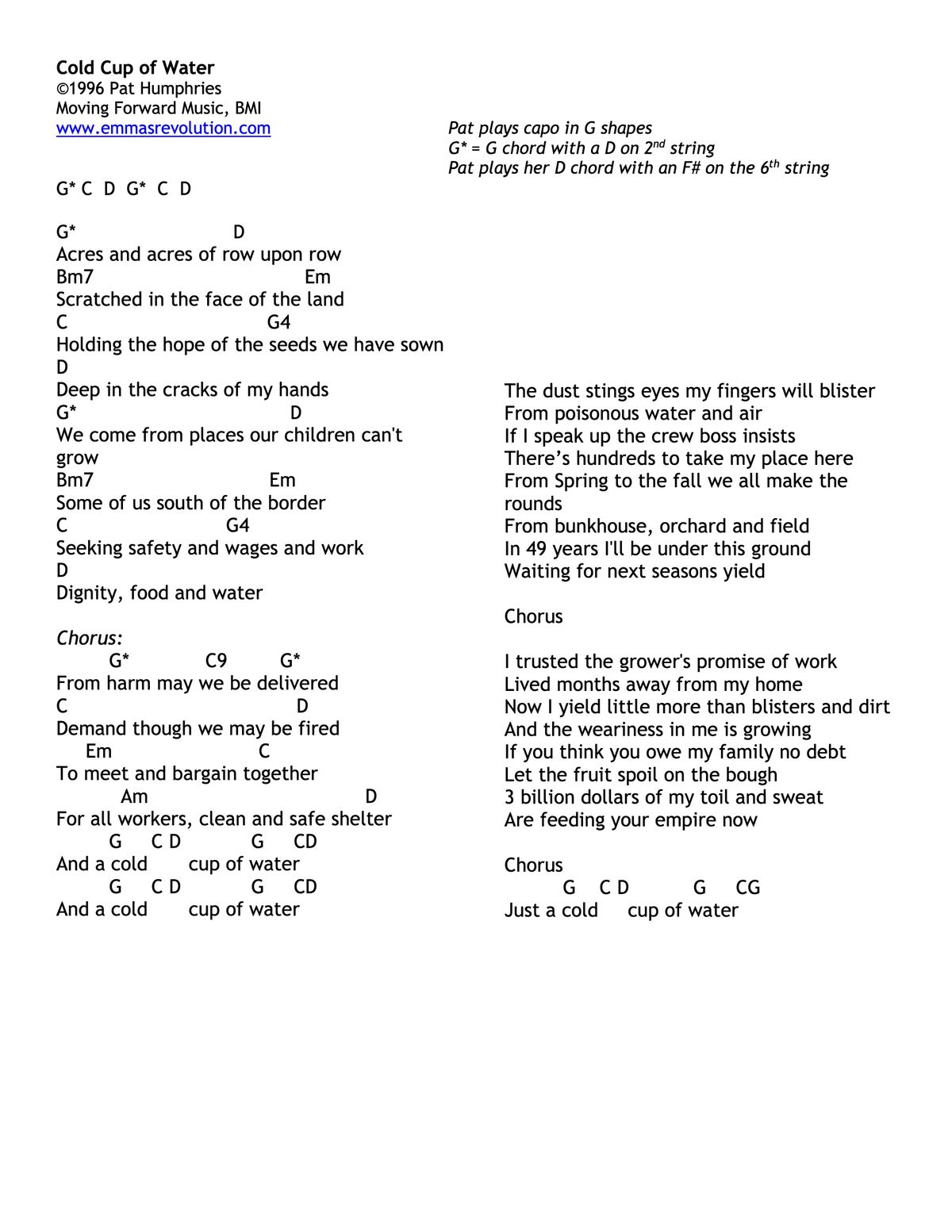 Cold Cup of Water - Lyrics with Chords as Pat Plays Them