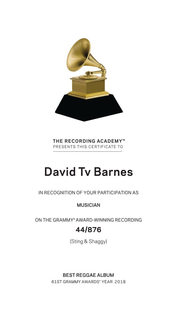 David TV Barnes Recording Academy certificate for Sting and Shaggy 44/876