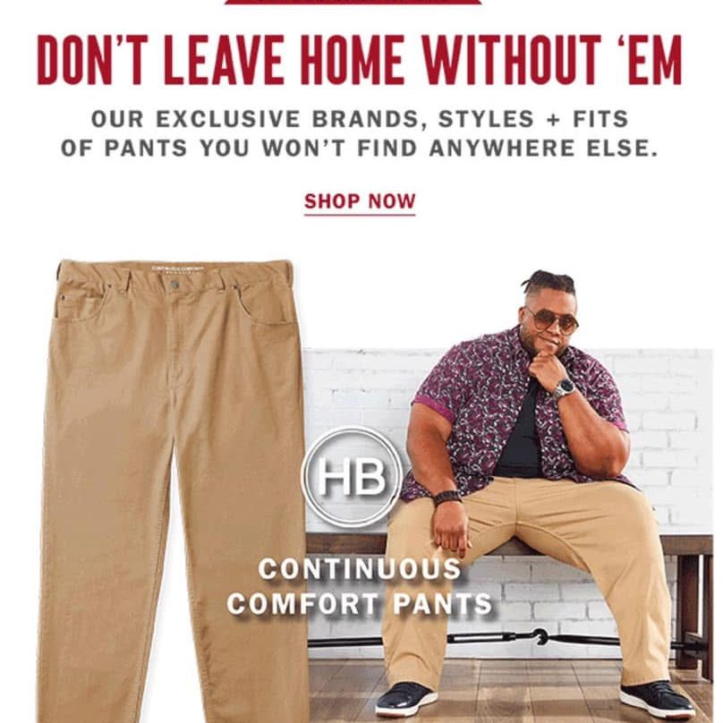 Big and tall male model David TV Barnes in a DXL Harbor Bay Continuous Comfort Pants campaign ad