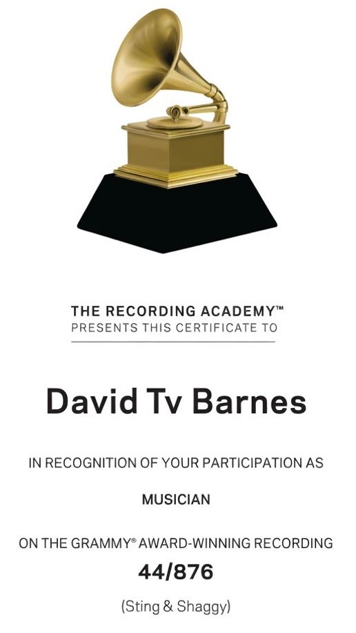Recording Academy certificate for 44/876 Best Reggae Album won by saxophonist David TV Barnes