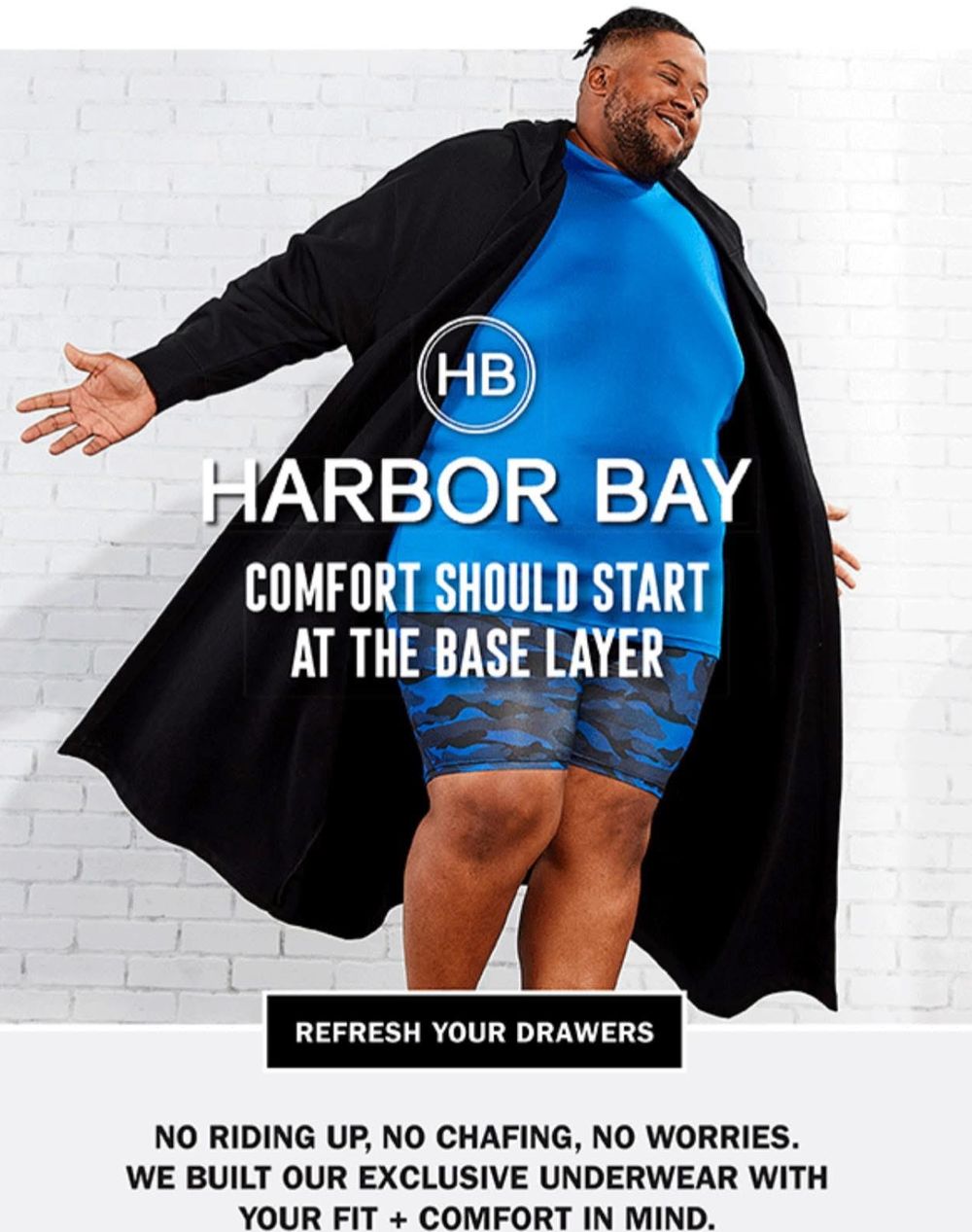 David TV Barnes in a Harbor Bay base layer underwear campaign