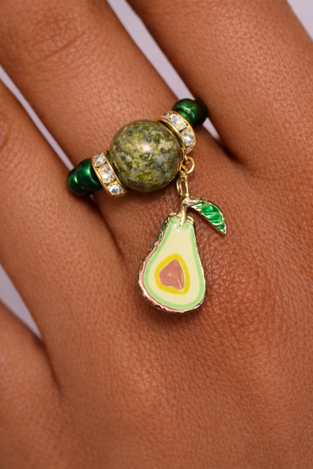 Unakite Avocado dangle beaded stretch ring