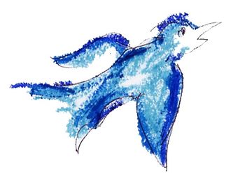 A hand drawn bluebird of happiness in blue pastels and lines.