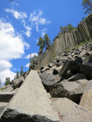 Looking up a long, fallen basalt column to many standing columns at Devil's Postpone, CA.