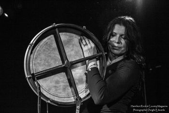 Jeania Stewart on the bodhran.  Photo by Dwight Edwards.
