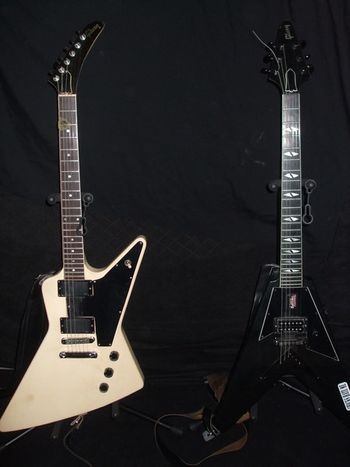 The Gibsons. L-R: Fretless Wonder 1982 Explorer & 1982 V

