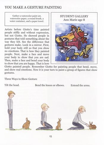 Children are reminded that Giotto painted people that "bend, move, and show real emotions." Examples are shown for ways to show gestures.
