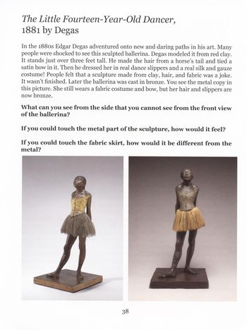 In a two page spread, children see a sculpture at three different angles, as if they had walked around it.
