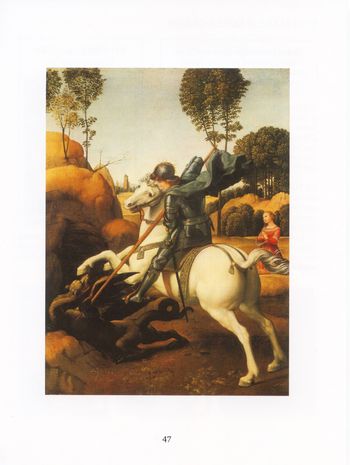 Children make a print of a great creature like the dragon in Raphael's painting, St. George and the Dragon.
