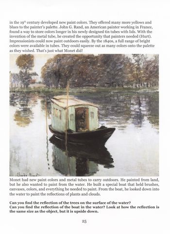 In the artwork by Monet we discover his painting studio in a boat and explore his waterlily paintings.

