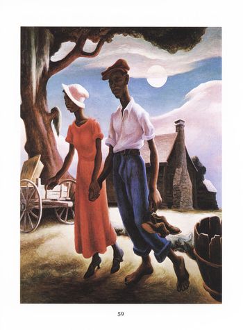 Children will explore many types of artwork throughout the book, including Benton's enlongated figures.

