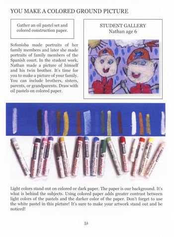 Students are encouraged to work with oil pastels on colored paper to make a picture of family.
