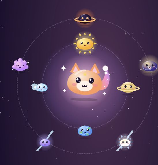 Squish Cosmos artwork: the orange Cuddle Fox surrounded by smiling cosmic pets and planets.