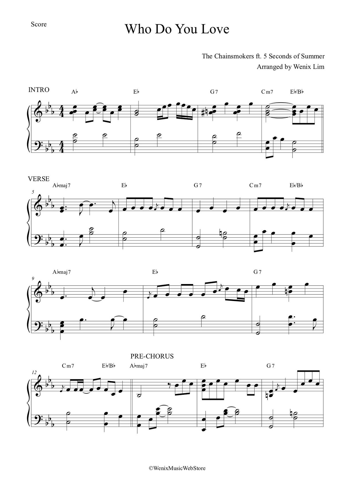Who Do You Love - The Chainsmokers & 5 Seconds of Summer Piano Full Score 2019