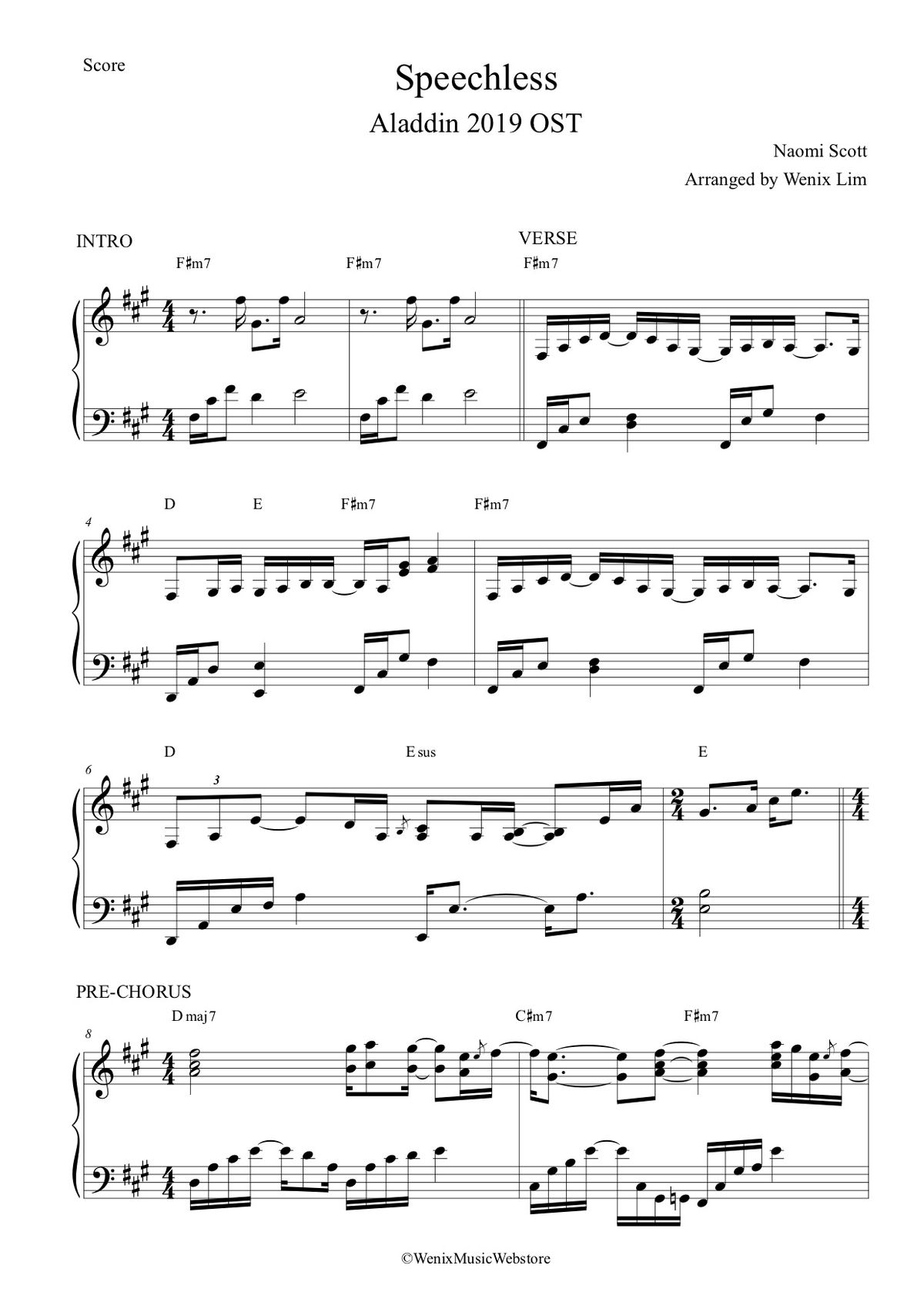 Speechless - Naomi Scott // Aladdin 2019 OST Piano Full Score