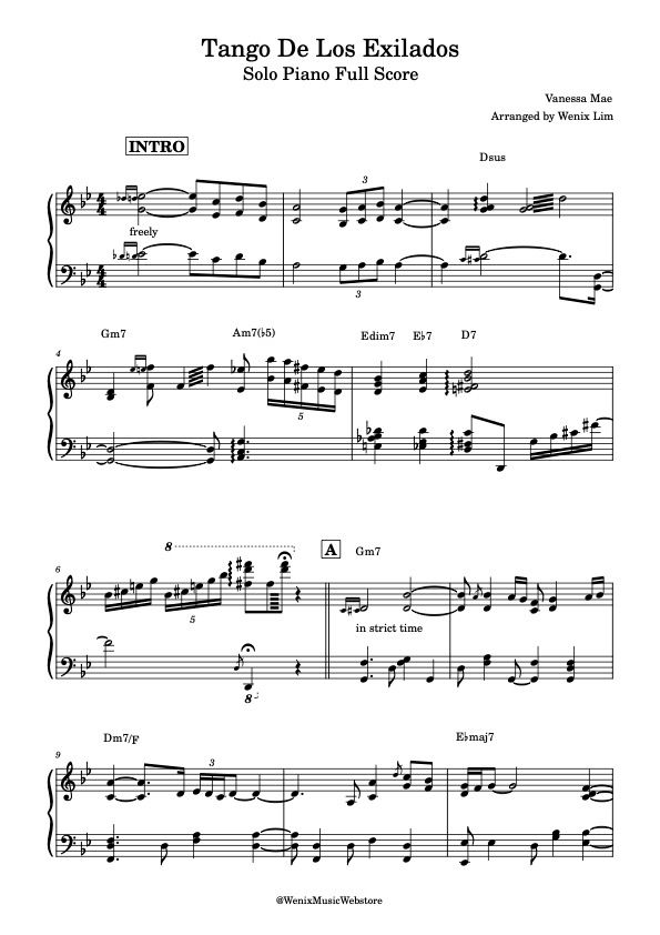Tango De Los Exilados - Vanessa Mae｜Solo Piano Full Score