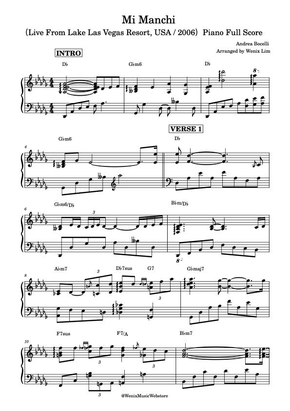 Mi Manchi - Andrea Bocelli｜Live From Lake Las Vegas Resort, USA / 2006 Piano Full Score (Original key+Transposed key)