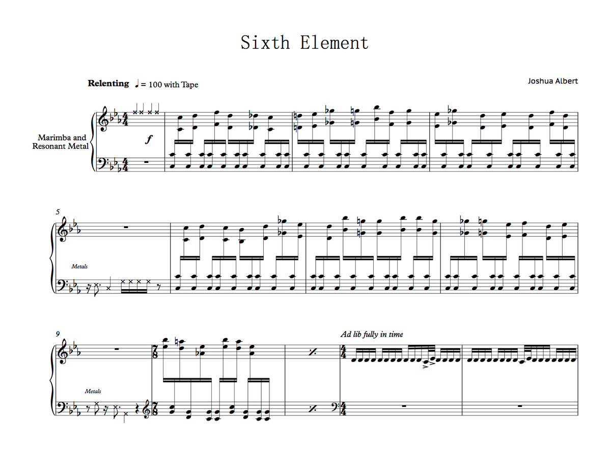 "Sixth Element" for Solo Marimba w/ Resonant Metals and Tape *HARD COPY*