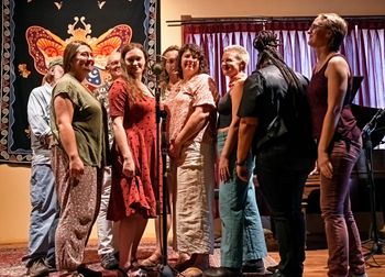 The "Friend Chorus" at the "Love, the Heartache" album release show, July 2025. Photo by Roger Averbeck.
