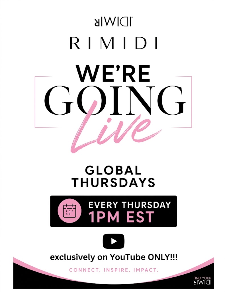 A high-resolution, refined professional graphic poster, building upon <image_0>, with all elements perfectly aligned and polished. At the top, the reversed 'alwiqi' IDIMIR logo and the standard 'RIMIDI' text logo remain. The central text 'WE'RE GOING' is in clean black font, and the word 'Live' is in a clean, beautiful pink script font, maintaining the exact layout and framing lines of <image_0>. Below this, the corrected text 'GLOBAL THURSDAYS' is displayed in bold black text, with the word 'GLOBAL' spelled correctly. The black rectangular block with the pink circular calendar icon and the text 'EVERY THURSDAY 1PM EST' is perfectly retained. In the lower section, replacing the previous social icons and text, is a single, clean, perfectly centered row. This row features the stylized YouTube play button icon on the immediate left, followed to its right by the text 'exclusively on YouTube ONLY!!!'. The text is in a refined black font, slightly adjusted in weight to complement the script text and maintain visual harmony, and is perfectly aligned with the icon. All text is legible and balanced. The bottom pink and black wavy lines and the final footer text 'CONNECT. INSPIRE. IMPACT.' and the corner logos are retained and cleaner. The overall design is balanced, professional, and has a higher production quality with more precise spacing., AI generated, AI generated