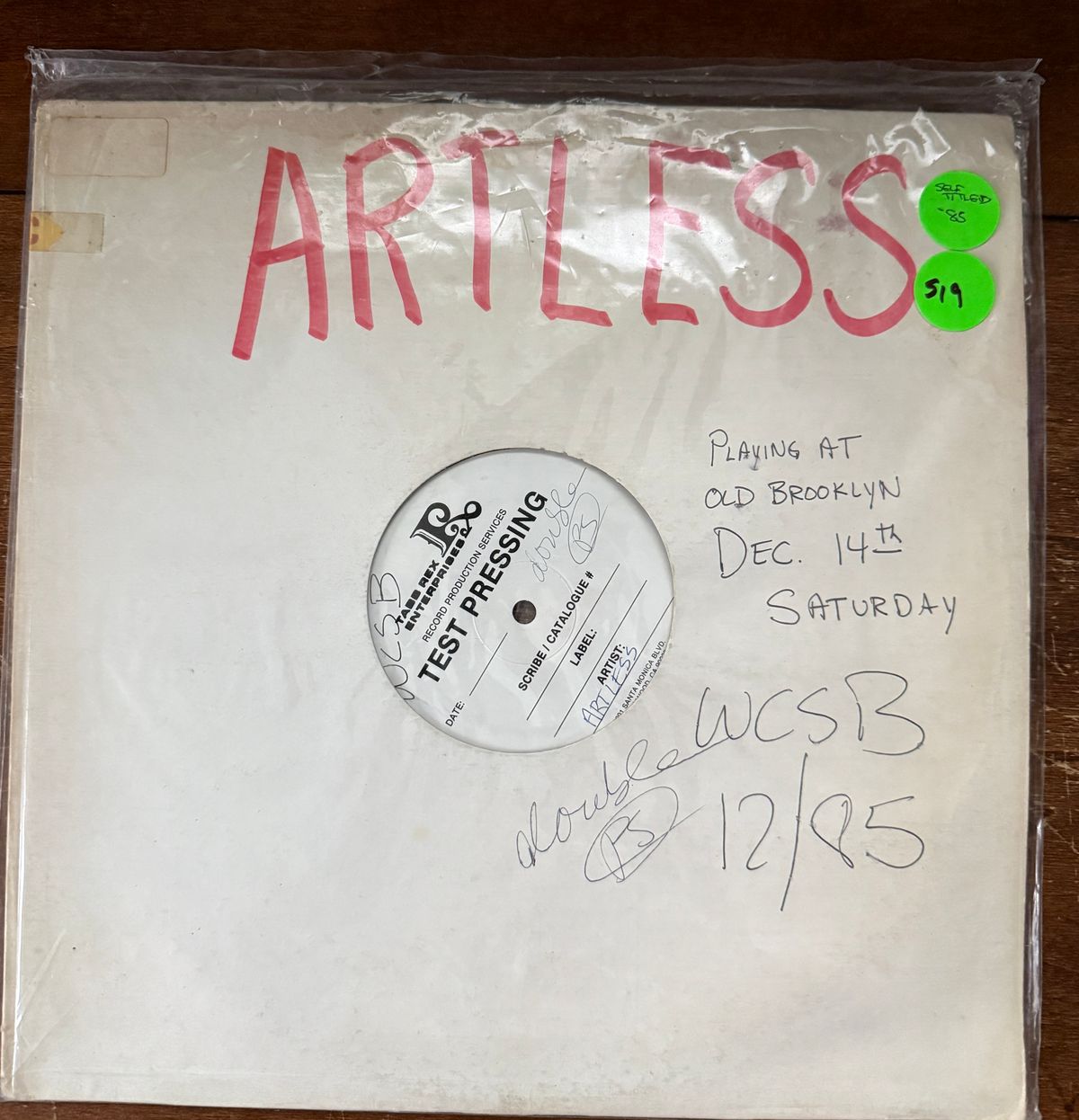 #519 RARE Artless 1985 1-Sided Etched Acetate - #519 RARE ARTLESS ACETATE