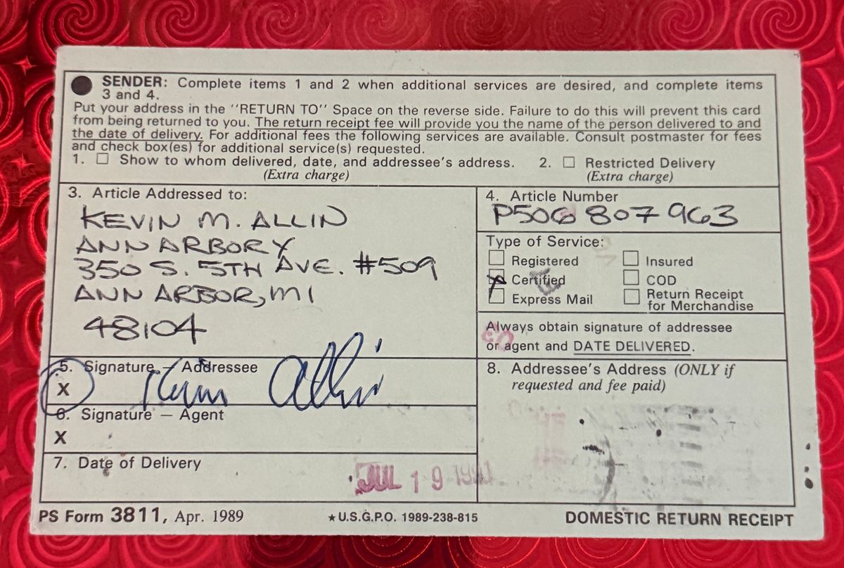 #24 Certified Mail receipt signed by Kevin Allin