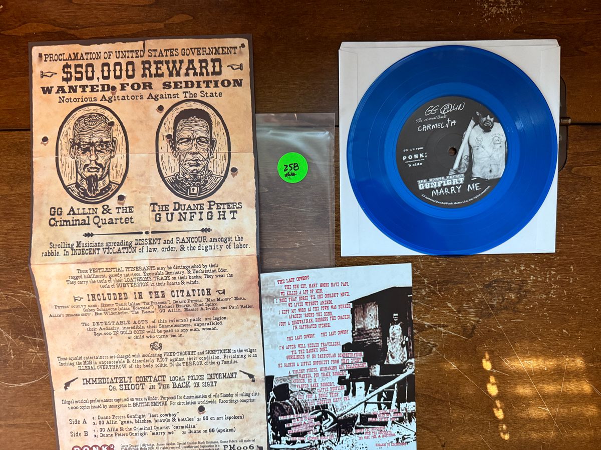#258/259 GG Allin / Duane Peters Gunfight Split Uk 7" BLUE Vinyl - Vinyl