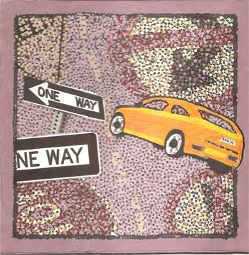O(ne W)ay, 2008, acrylic and collage on foamcore, 8" x 8"
