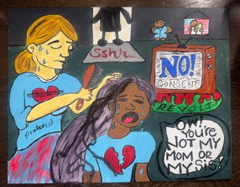 Universal Declaration of Human Rights (UDHR): Article 5: Triptych Panel #3: Mom decides to assimilate more like white woman, trying to pretend the problems don't exist; complacent. Thus building trust issues with my identity, race, and body.
