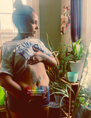 Words on Skin (digital): THUG LIFE (The Hate You Give Little Infants Fucks Everybody) A message to end body shame, societal pressures, confronting body dysmorphia, and tribute to hate being spewed as a Black Femme Fat Girl.
