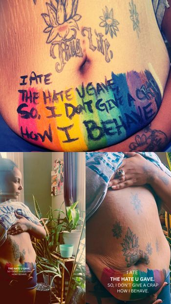 Words on Skin (collage): THUG LIFE (The Hate You Give Little Infants Fucks Everybody) A message to end body shame, societal pressures, confronting body dysmorphia, and tribute to hate being spewed as a Black Femme Fat Girl.
