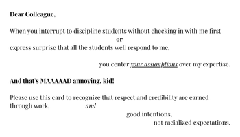 Calling Card: Undermining my Authority as a Substitute Teacher - Back
