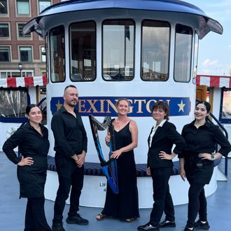 Harpist Shelley Otis playing for a corporate VIP dinner on the Charles River Boat, Boston Harbor