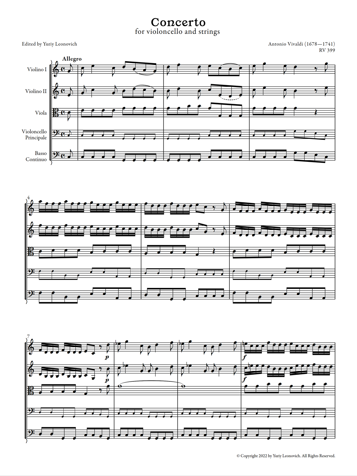 Vivaldi - Cello Concerto in C major, RV 399 (Urtext Edition)
