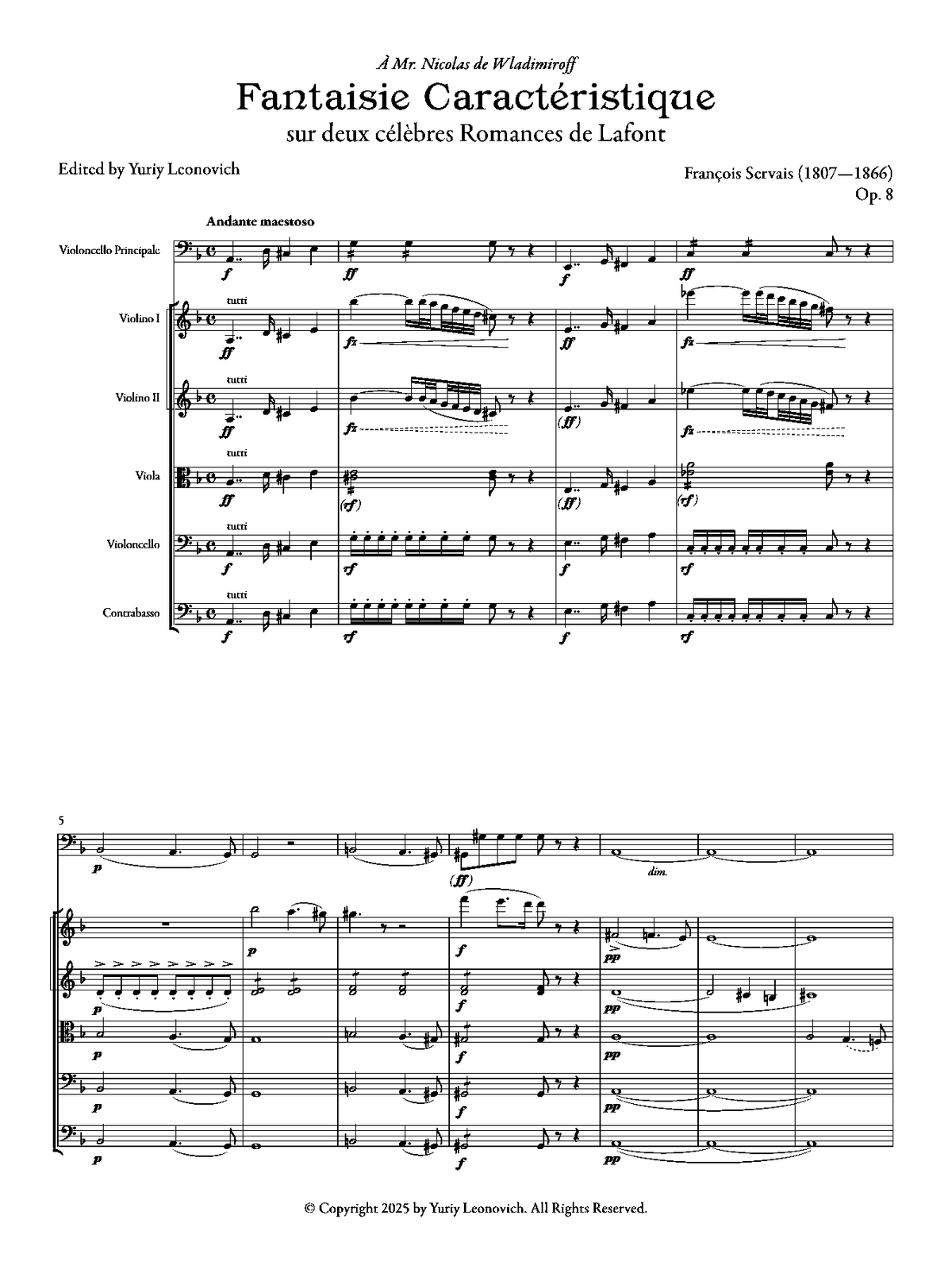 Servais - Fantaisie Caractéristique sur deux célèbres Romances de Lafont, Op. 8 (Urtext Edition, Quintet Version)