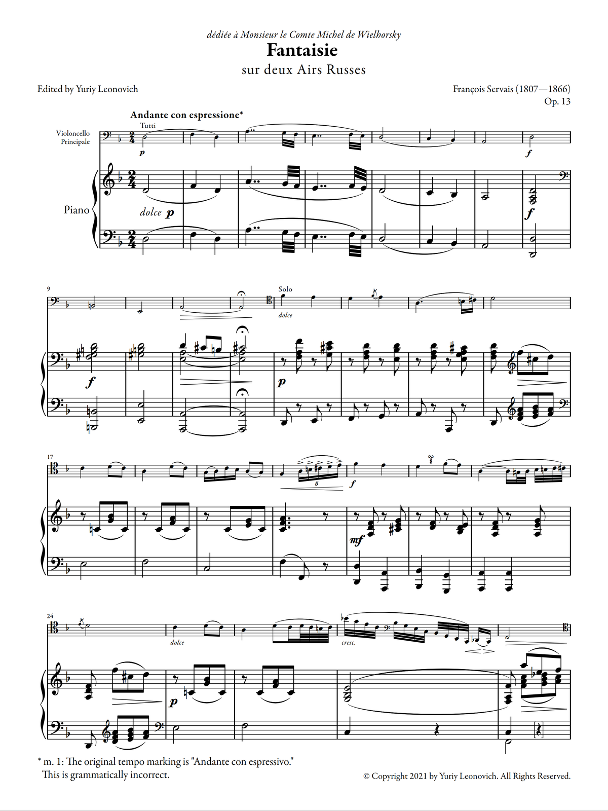 Servais - Fantaisie sur deux Airs Russes, Op. 13 (Urtext Edition)