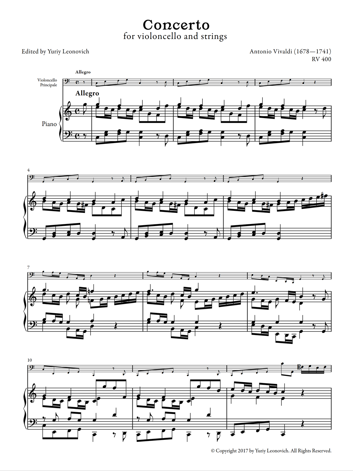 Vivaldi - Cello Concerto in C major, RV 400 (Urtext Edition, Piano)