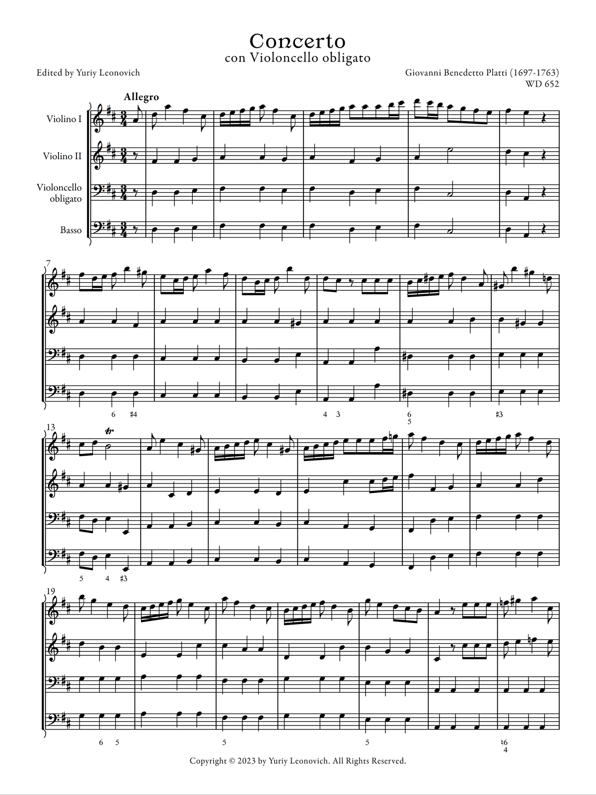Platti - Cello Concerto in D major, WD 652 (Urtext Edition)