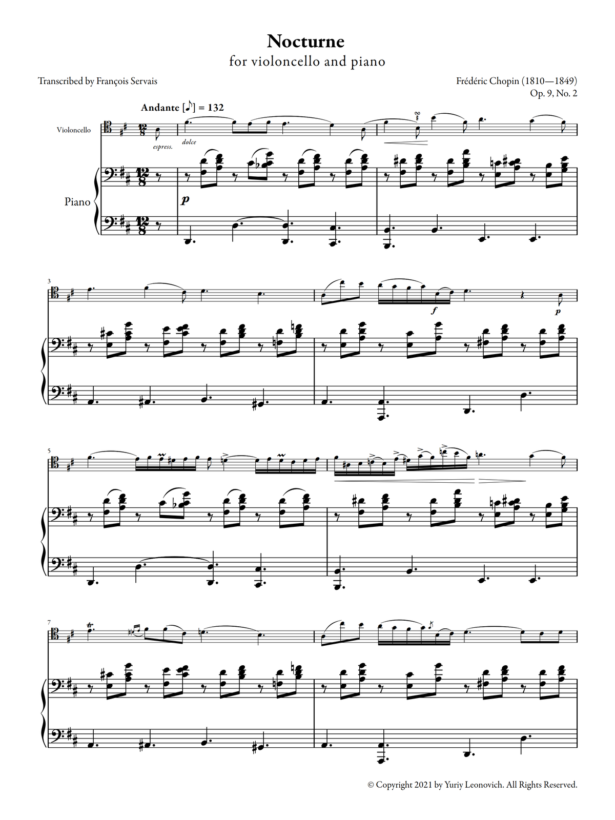 Chopin-Servais - Nocturne Op. 9, No. 2 (For Cello and Piano)