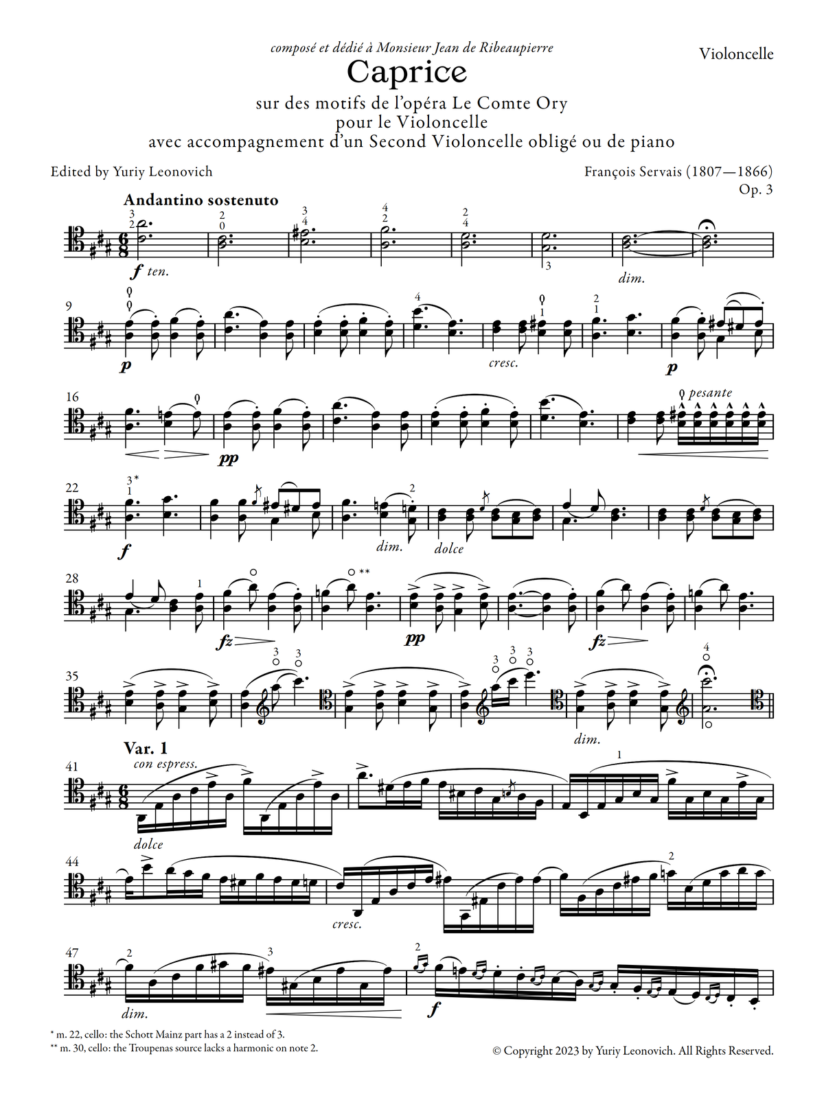 Servais - Caprice sur des motifs de l’Opéra ‘Le Comte Ory’ de G. Rossini (Urtext Edition, Cello and Piano)