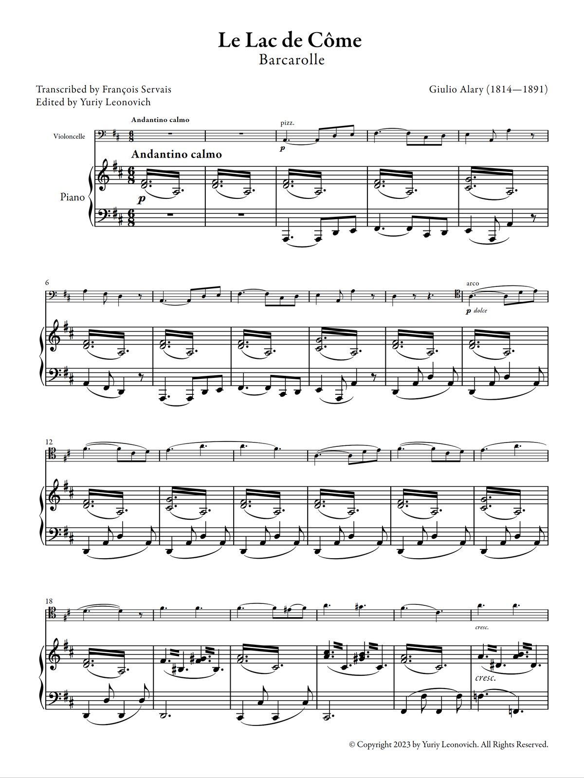 Alary-Servais - Le Lac de Côme: Barcarolle (Transcribed for Cello and Piano)