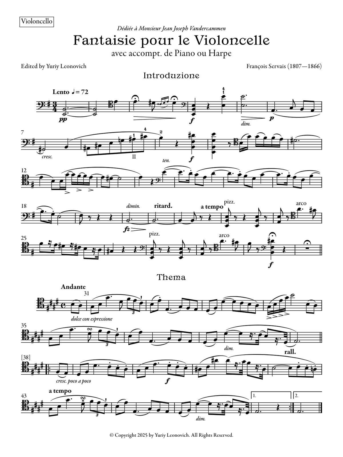 Servais - Fantaisie sur un thème favori, Op. 1 for Cello and Piano or Harp (Urtext Edition)