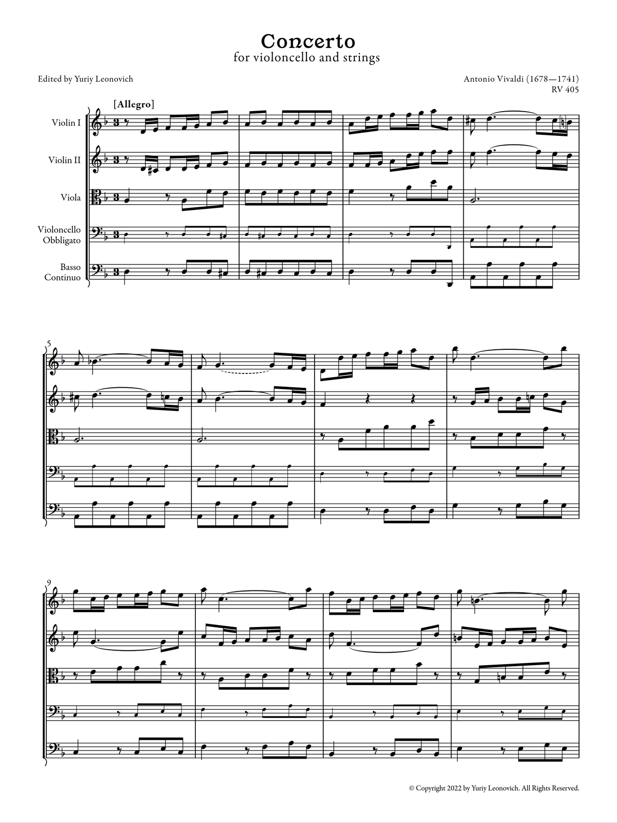 Vivaldi - Cello Concerto in D minor, RV 405 (Urtext Edition)