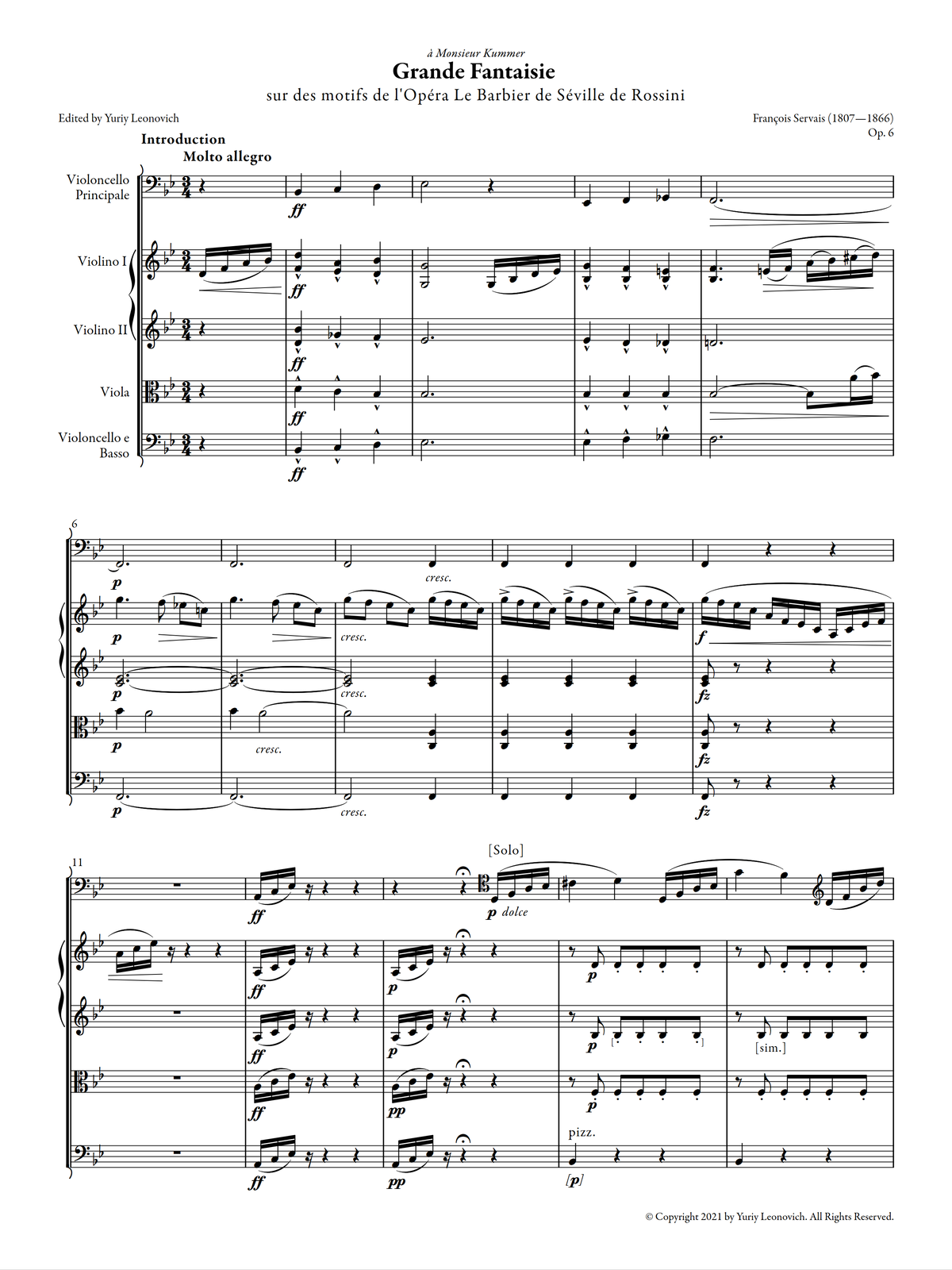 Servais - Grande Fantaisie sur des motifs de l'Opéra le Barbier de Séville de Rossini, Op. 6 (Urtext Edition, Quintet Version)
